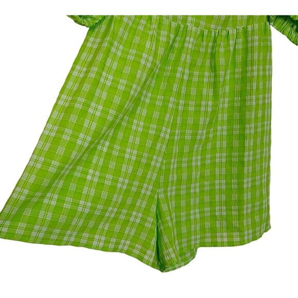 Topshop Ruched Bow Front Scoop Neck Puff Sleeve Romper US Size 2 Lime Plaid NWT - Picture 5 of 7